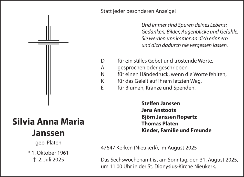  Traueranzeige für Silvia Anna Maria Janssen vom 30.08.2025 aus NNA