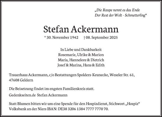 Traueranzeige von Stefan Ackermann von NNA