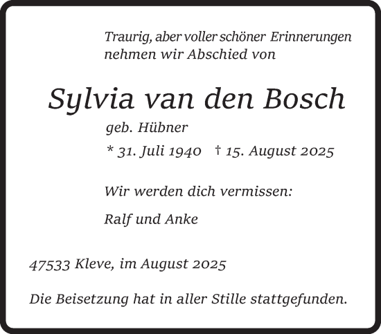 Traueranzeige von Sylvia van den Bosch von NNA