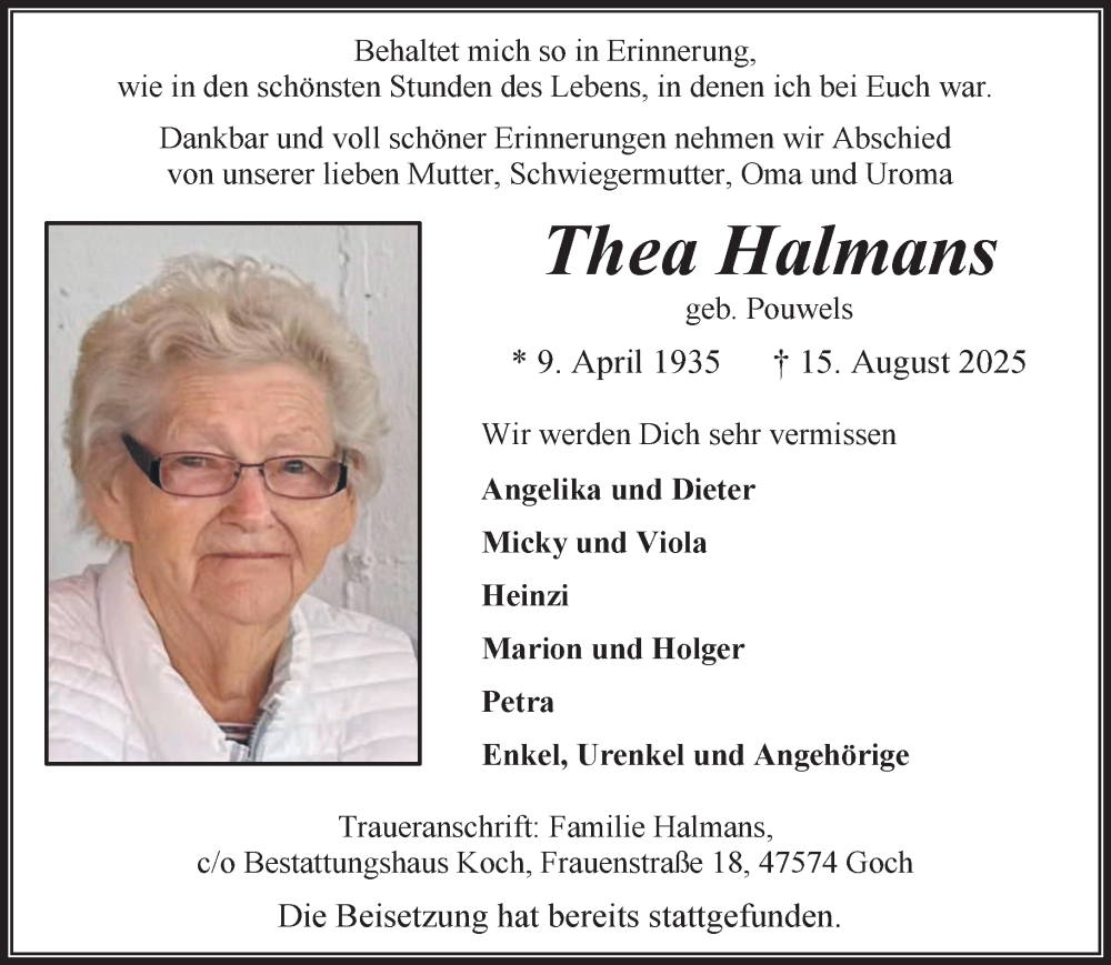  Traueranzeige für Thea Halmans vom 23.08.2025 aus NNA