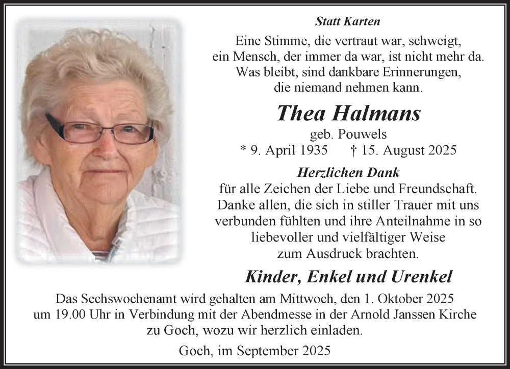  Traueranzeige für Thea Halmans vom 27.09.2025 aus NNA