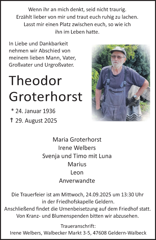  Traueranzeige für Theodor Groterhorst vom 20.09.2025 aus NNA
