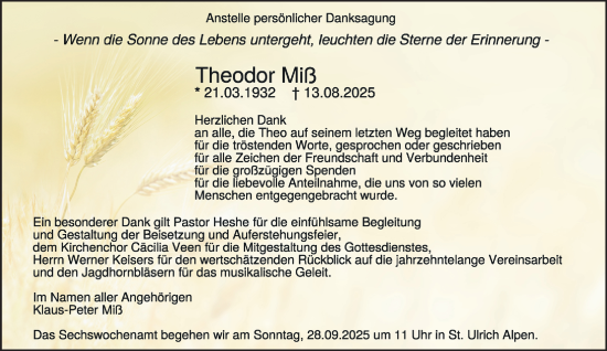 Traueranzeige von Theodor Miß von NNA
