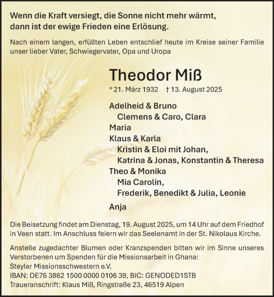Traueranzeige von Theodor Miß von NNA