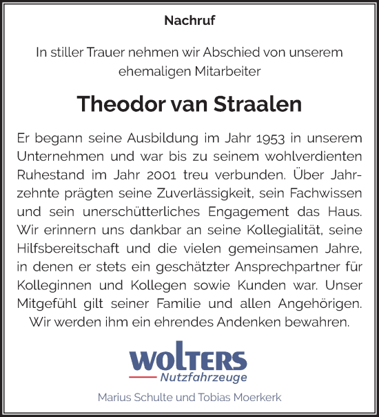 Traueranzeige von Theodor van Straalen von NNA
