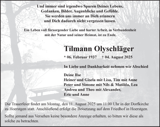 Traueranzeige von Tilmann Olyschläger von NNA