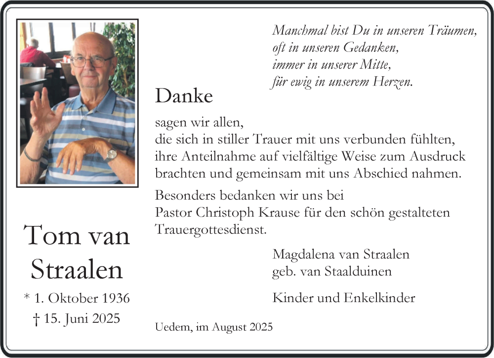  Traueranzeige für Tom van Straalen vom 23.08.2025 aus NNA