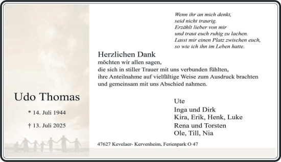 Traueranzeige von Udo Thomas von NNA