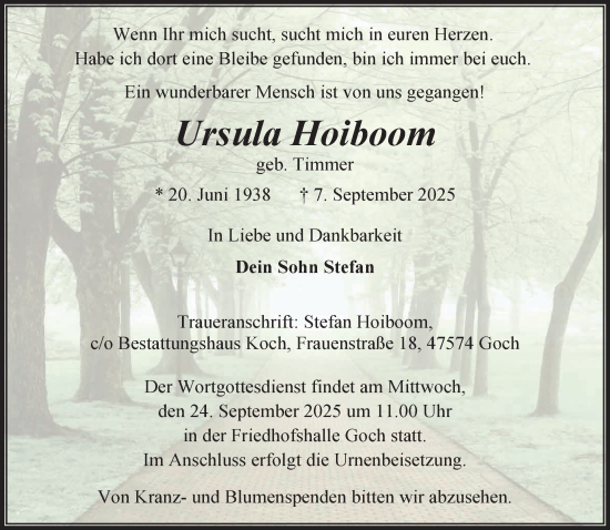 Traueranzeige von Ursula Hoiboom von NNA