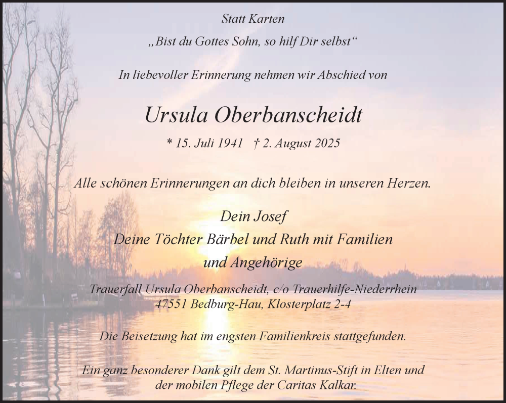  Traueranzeige für Ursula Oberbanscheidt vom 16.08.2025 aus NNA