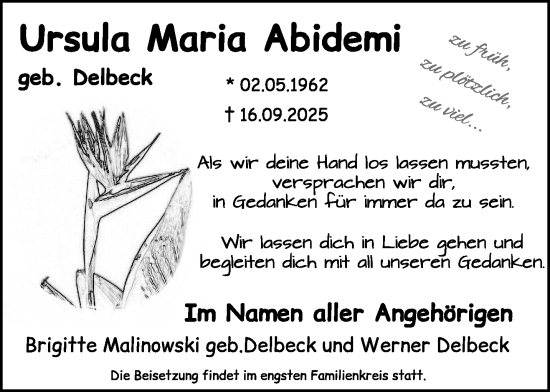 Traueranzeige von Ursula Maria Abidemi von NNA