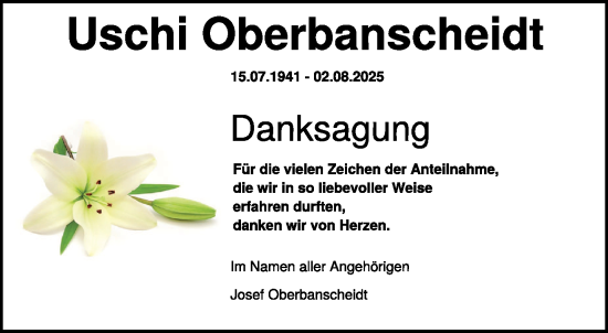 Traueranzeige von Uschi Oberbanscheidt von NNA