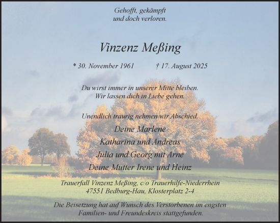 Traueranzeige von Vinzenz Meßing von NNA