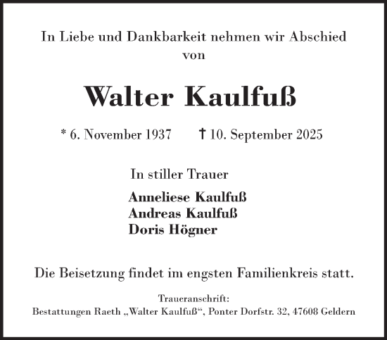 Traueranzeige von Walter Kaulfuß von NNA