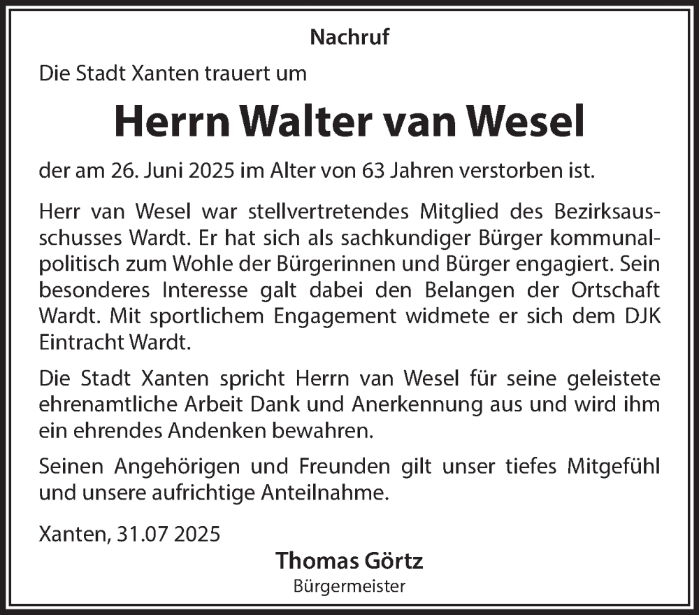  Traueranzeige für Walter van Wesel vom 16.08.2025 aus NNA
