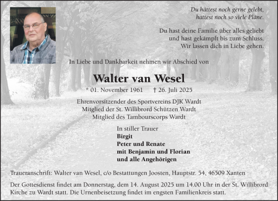 Traueranzeige von Walter van Wesel von NNA