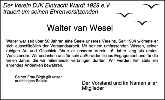 Traueranzeige von Walter van Wesel von NNA