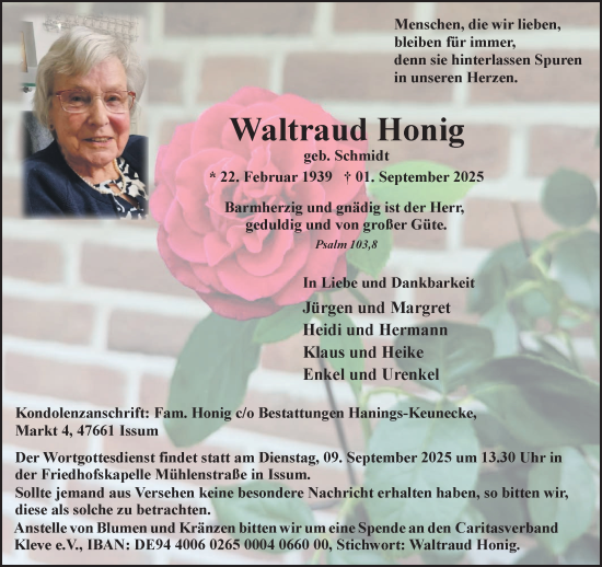 Traueranzeige von Waltraud Honig von NNA