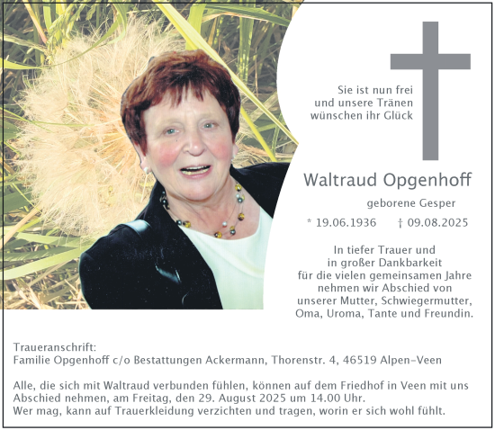 Traueranzeige von Waltraud Opgenhoff von NNA