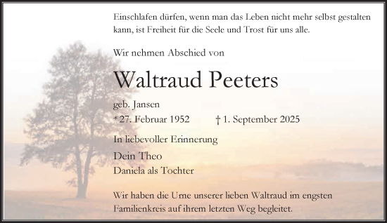 Traueranzeige von Waltraud Peeters von NNA