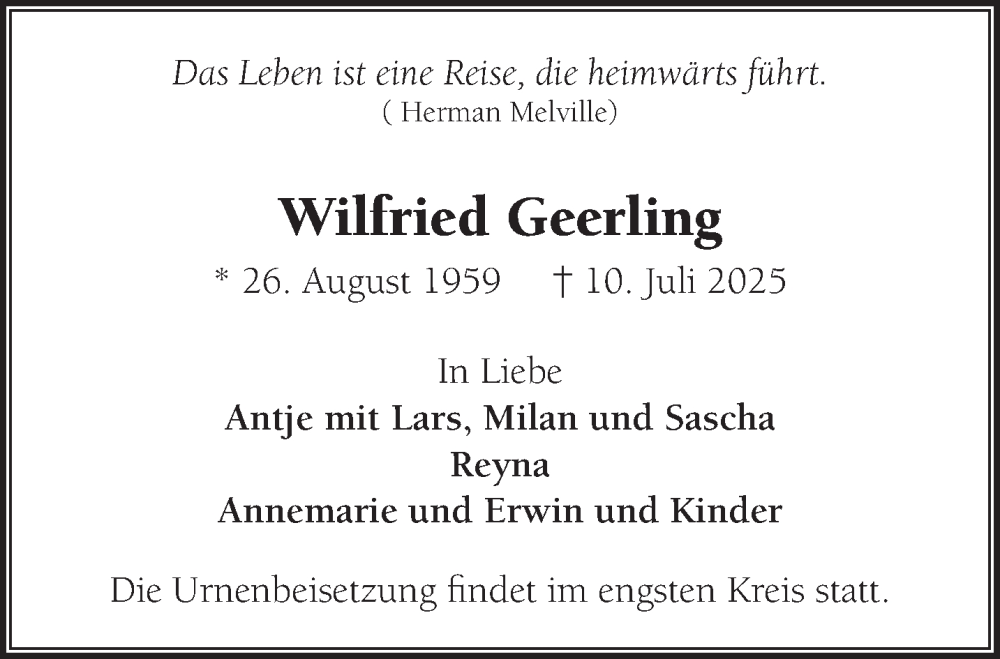  Traueranzeige für Wilfried Geerling vom 16.08.2025 aus NNA