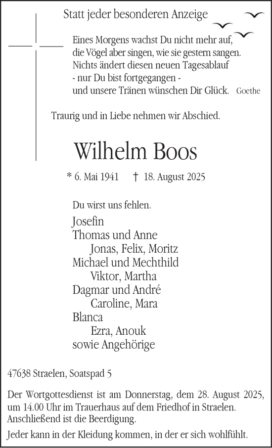 Traueranzeige von Wilhelm Boos von NNA