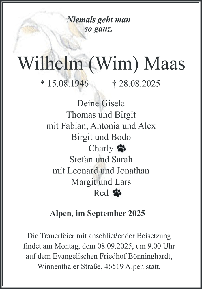  Traueranzeige für Wilhelm Maas vom 05.09.2025 aus NNA