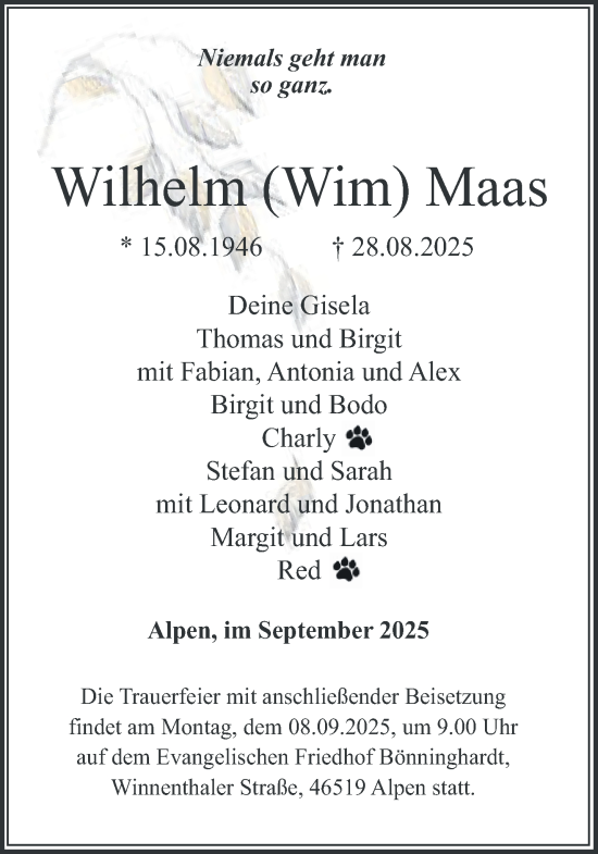 Traueranzeige von Wilhelm Maas von NNA