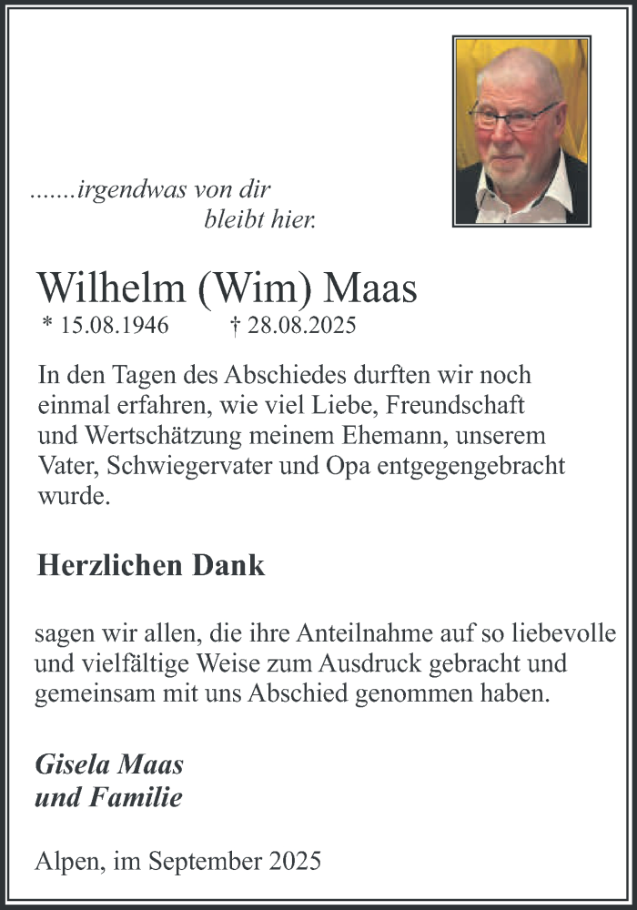  Traueranzeige für Wilhelm Maas vom 27.09.2025 aus NNA