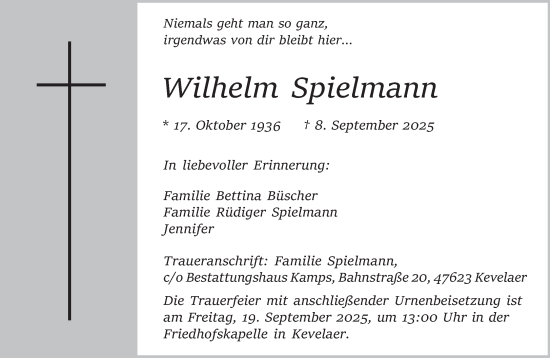 Traueranzeige von Wilhelm Spielmann von NNA