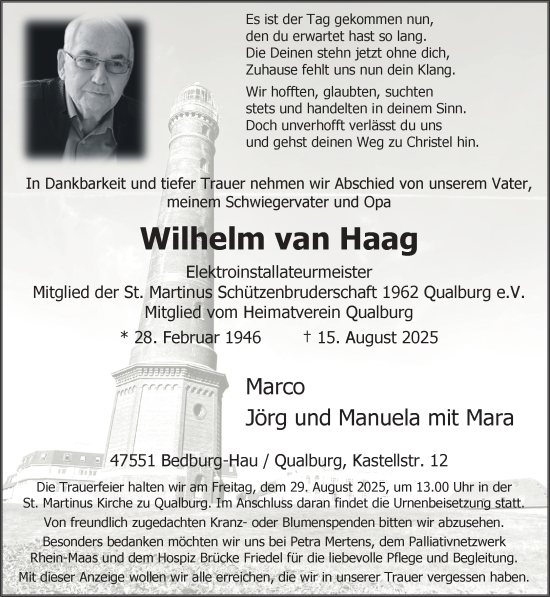 Traueranzeige von Wilhelm van Haag von NNA