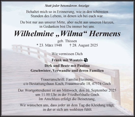 Traueranzeige von Wilhelmine Hermens von NNA