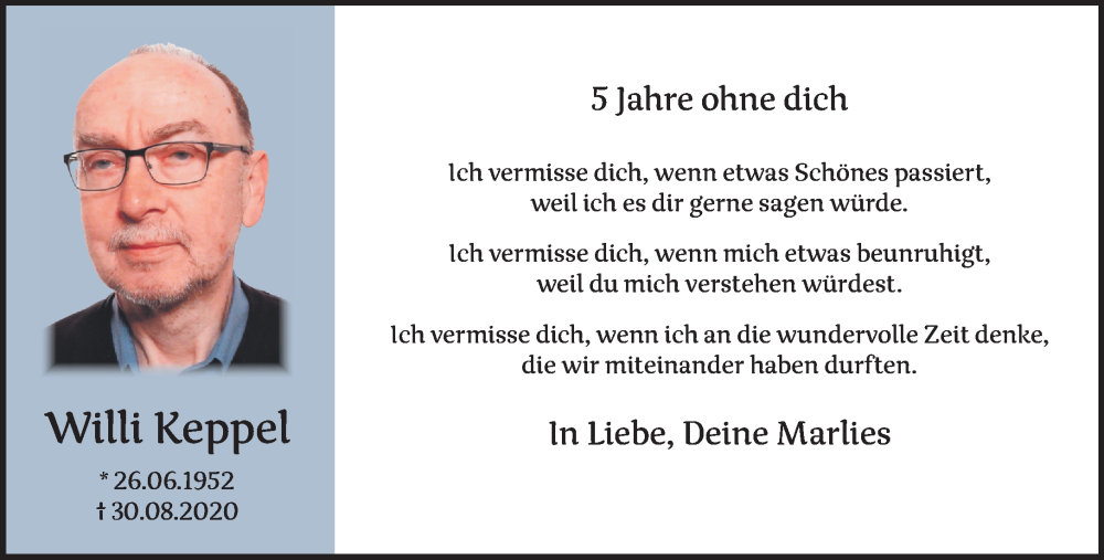  Traueranzeige für Willi Keppel vom 30.08.2025 aus NNA