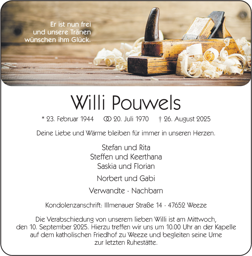  Traueranzeige für Willi Pouwels vom 05.09.2025 aus NNA