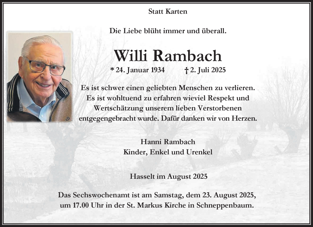  Traueranzeige für Willi Rambach vom 16.08.2025 aus NNA