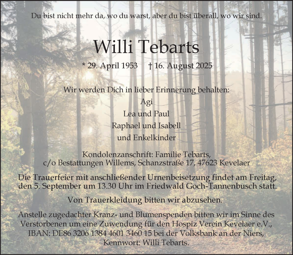  Traueranzeige für Willi Tebarts vom 23.08.2025 aus NNA