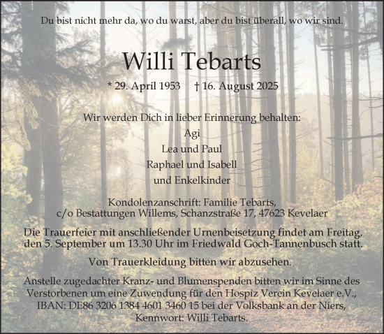Traueranzeige von Willi Tebarts von NNA