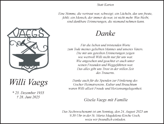 Traueranzeige von Willi Vaegs von NNA