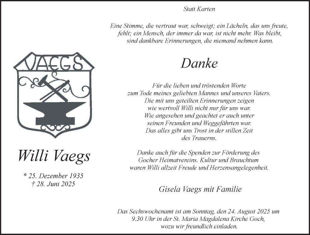 Traueranzeige für Willi Vaegs vom 16.08.2025 aus NNA