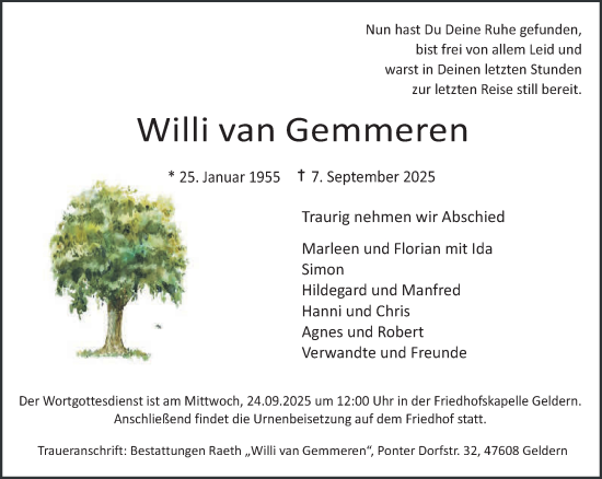 Traueranzeige von Willi van Gemmeren von NNA