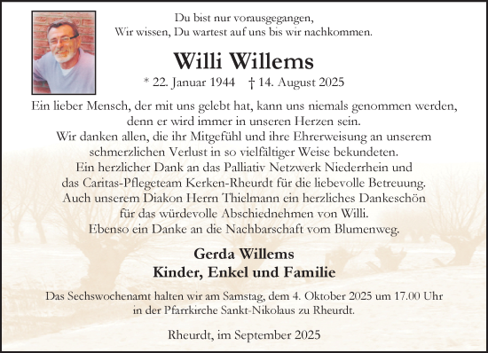 Traueranzeige von Willi Willems von NNA