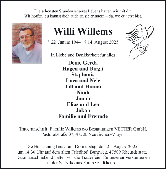 Traueranzeige von Willi Willems von NNA
