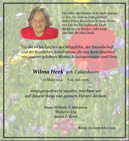 Traueranzeige von Wilma Heek von NNA