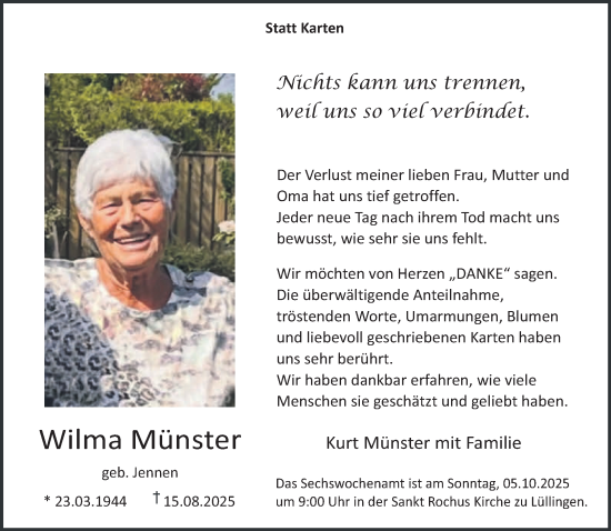 Traueranzeige von Wilma Münster von NNA
