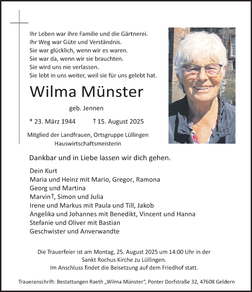  Traueranzeige für Wilma Münster vom 23.08.2025 aus NNA
