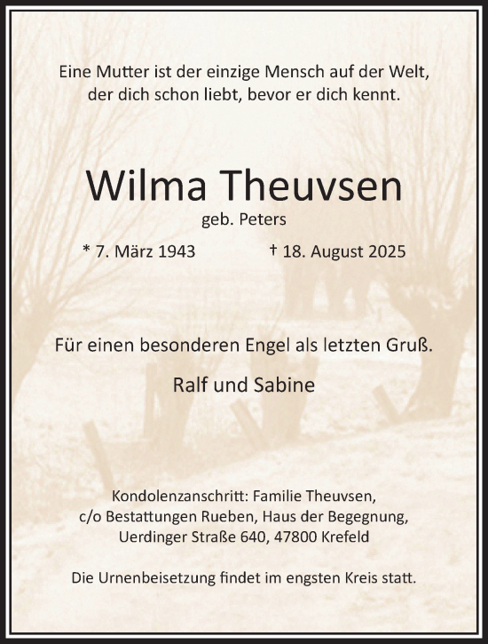 Traueranzeige von Wilma Theuvsen von NNA