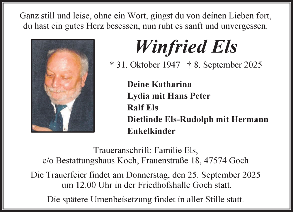  Traueranzeige für Winfried Els vom 20.09.2025 aus NNA