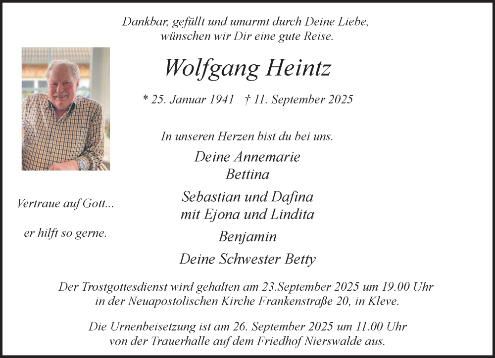  Traueranzeige für Wolfgang Heintz vom 20.09.2025 aus NNA