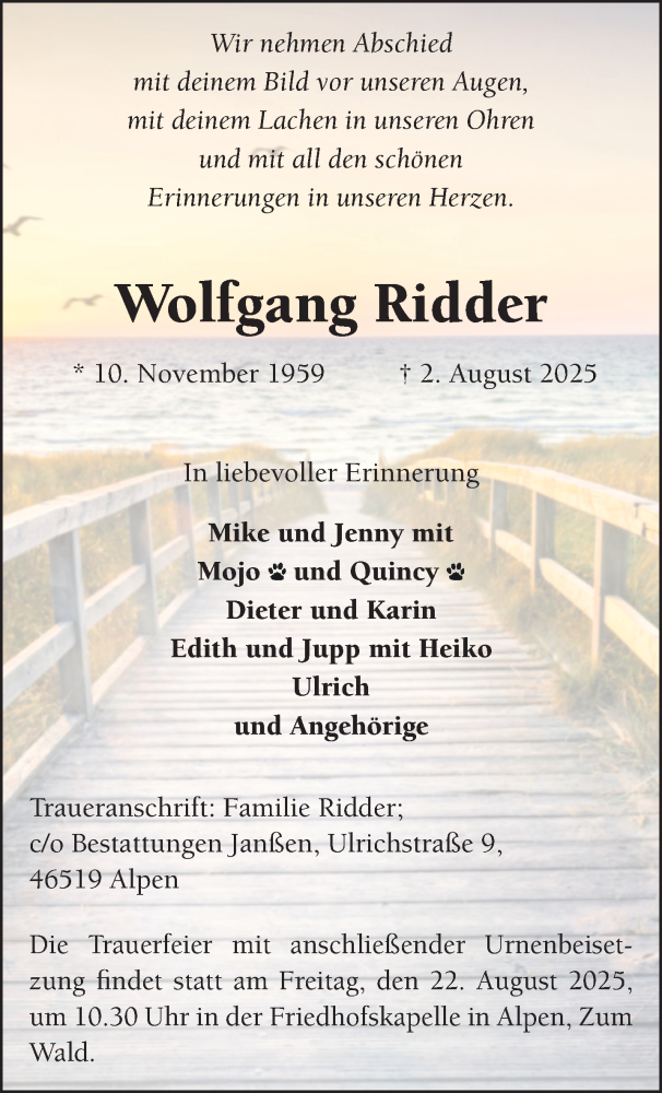  Traueranzeige für Wolfgang Ridder vom 16.08.2025 aus NNA