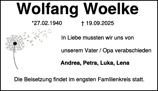Traueranzeige von Wolfgang Woelke von NNA